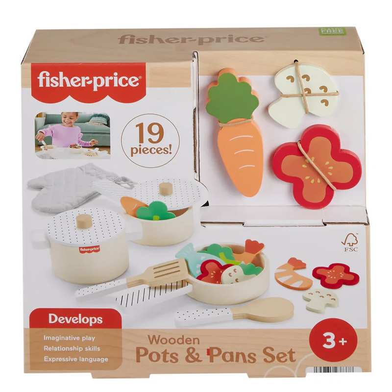 Mattel Fisher Price Hxt83 Juego De Ollas Y Sartenes De Madera