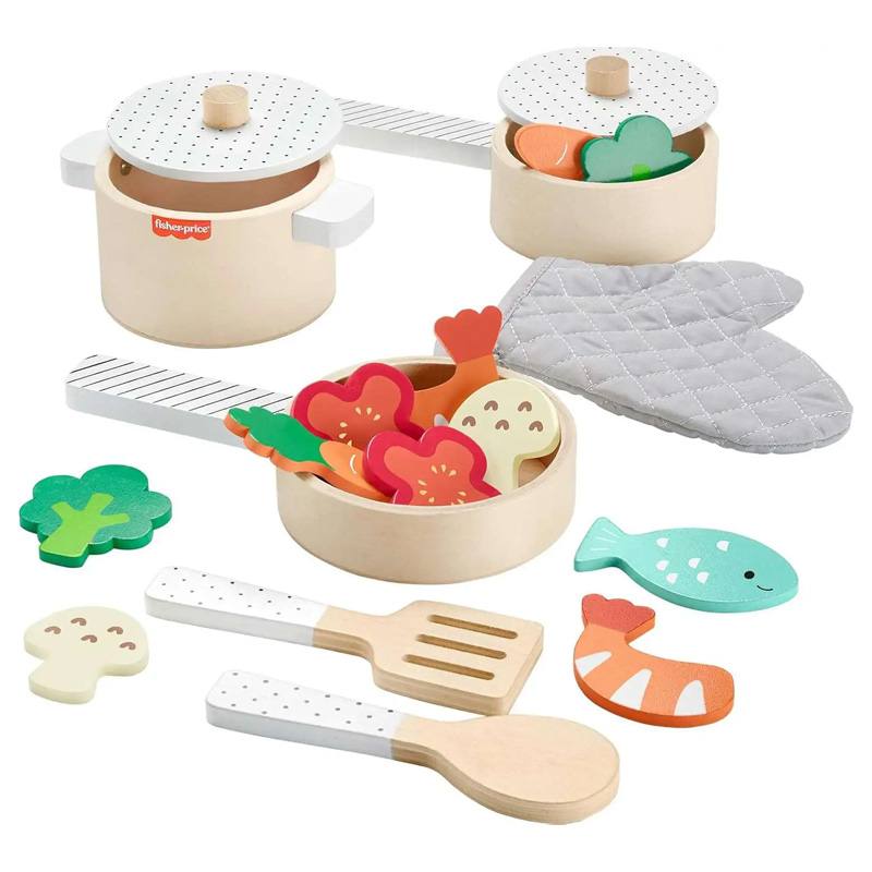 Mattel Fisher Price Hxt83 Juego De Ollas Y Sartenes De Madera