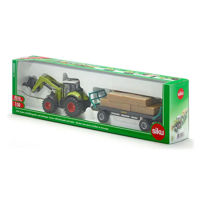 Siku Farmer 1946 Tractor Con Cuchara Para Pacas Cuadradas Y Remolque Para Pacas